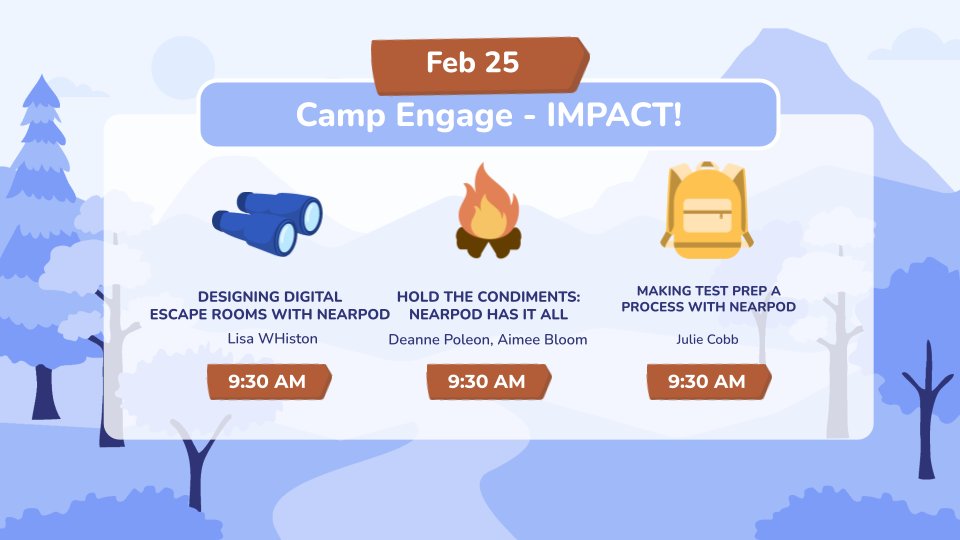 Good morning, Campers! ☕ We're starting Day 3 of #CampEngage with 9:30AM EST sessions:

💻 Designing Digital Escape Rooms With Nearpod
✋ Hold the Condiments: Nearpod Has It All
📝 Making Test Prep a Process With Nearpod
 
🔗: bit.ly/3kmF8pQ