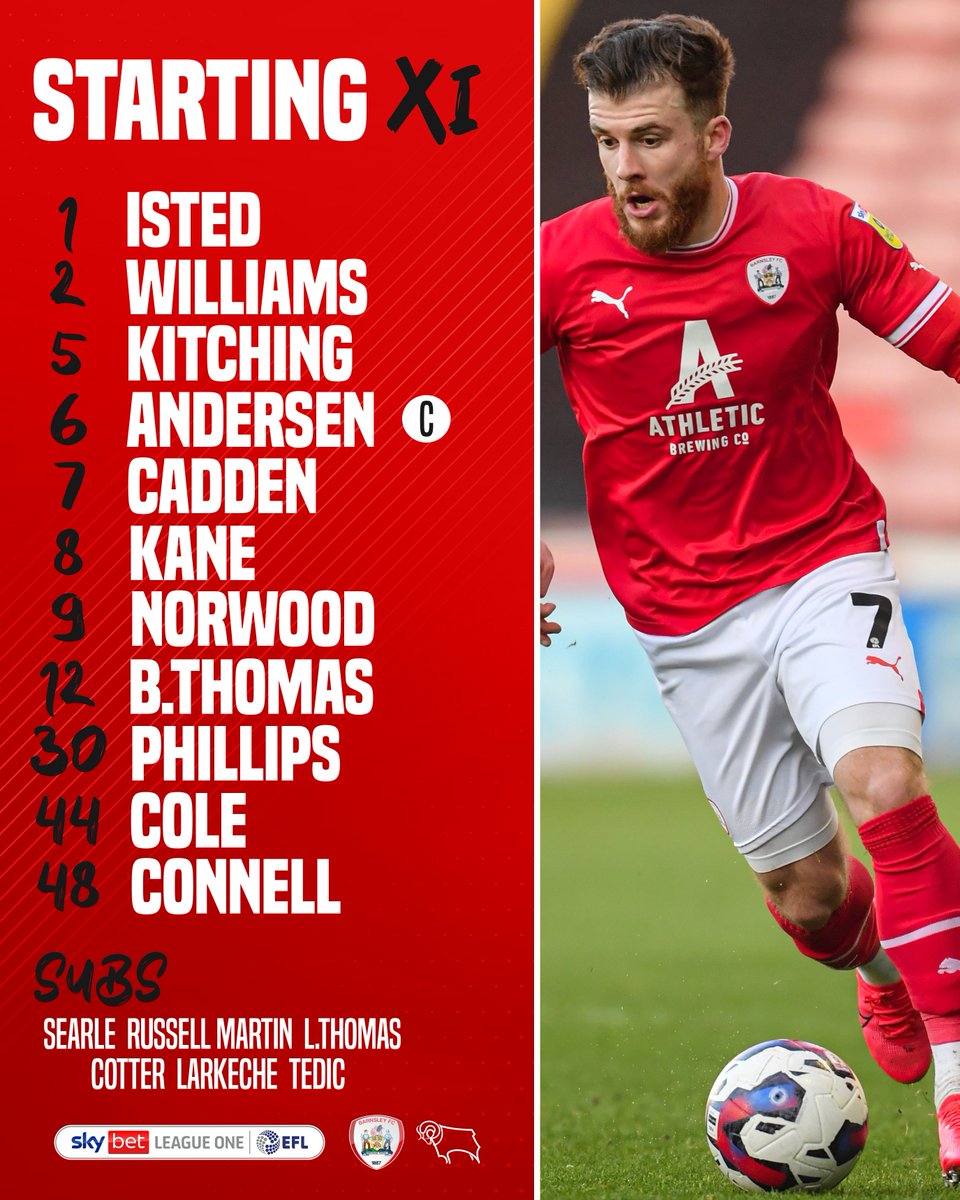 BarnsleyFC's tweet photo. 💪 The Reds' lineup this afternoon!

Just the 1⃣ change from last weekend, with @NickyCadden back in replacing Ziyad Larkeche.

#ForBeth ❤️ https://t.co/qOzyxZ7ITD