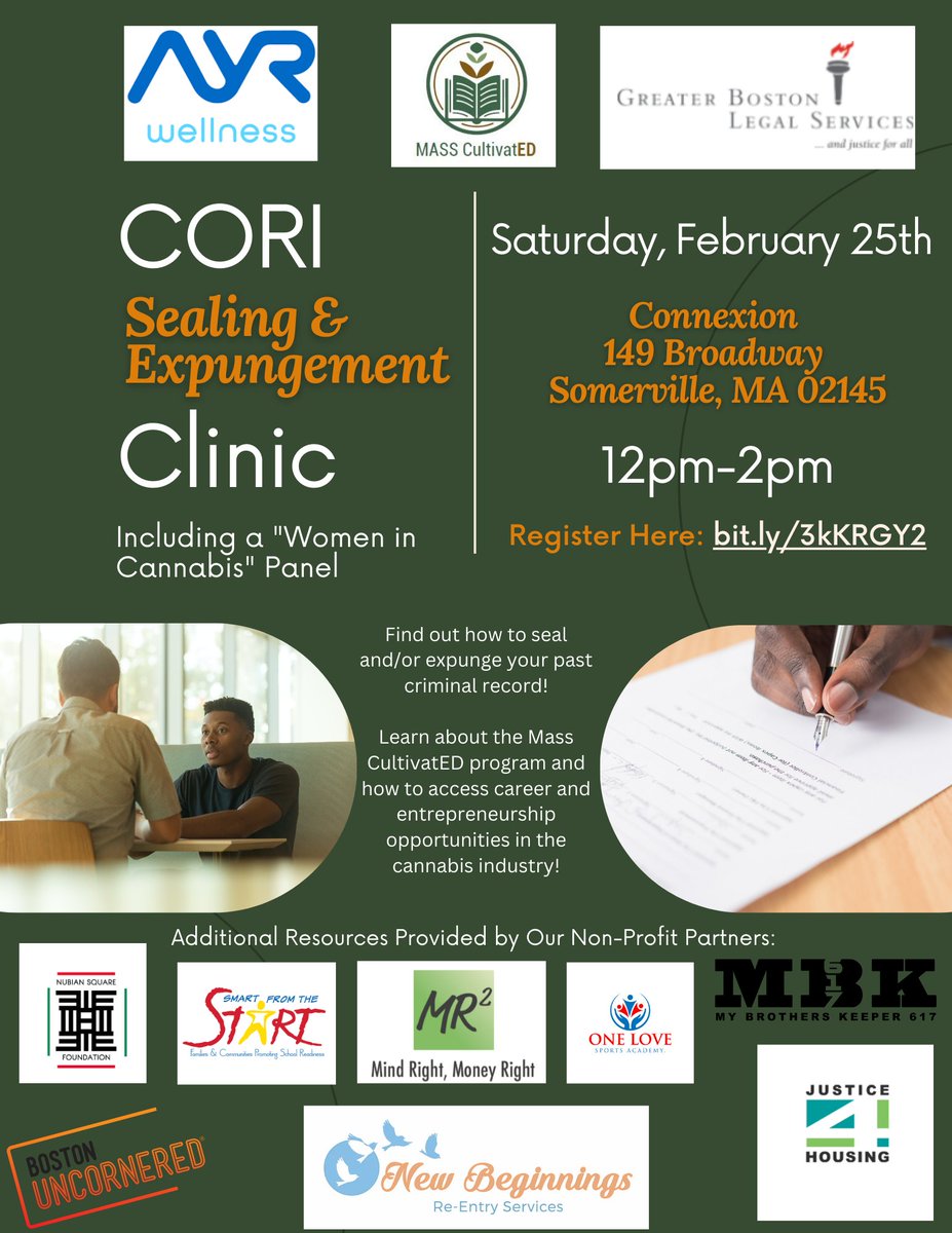 Thanks for sharing! Here's more information on our event today. We will have lawyers on site to assist with CORI Sealing and Expungement. See you soon!