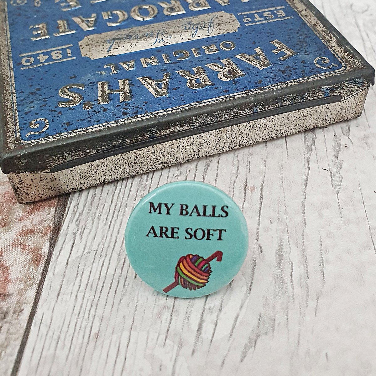 martisanne's tweet image. My balls are soft crochet button badge, crochet addict, funny pin badge, handmade, mature, funny badge, adult, yarn lover , friend,  C1 tuppu.net/9a83d1c8 #SMILEtt23 #EtsyTeamUnity #ButtonBadge