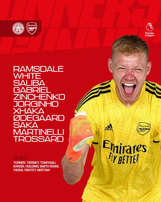 Starting XI: Ramsdale, White, Saliba, Gabriel, Zinchenko, Jorginho, Xhaka, Odegaard, Saka, Martinelli, Trossard

Substitutes: Turner, Tierney, Tomiyasu, Kiwior, Holding, Smith Rowe, Vieira, Partey, Nketiah