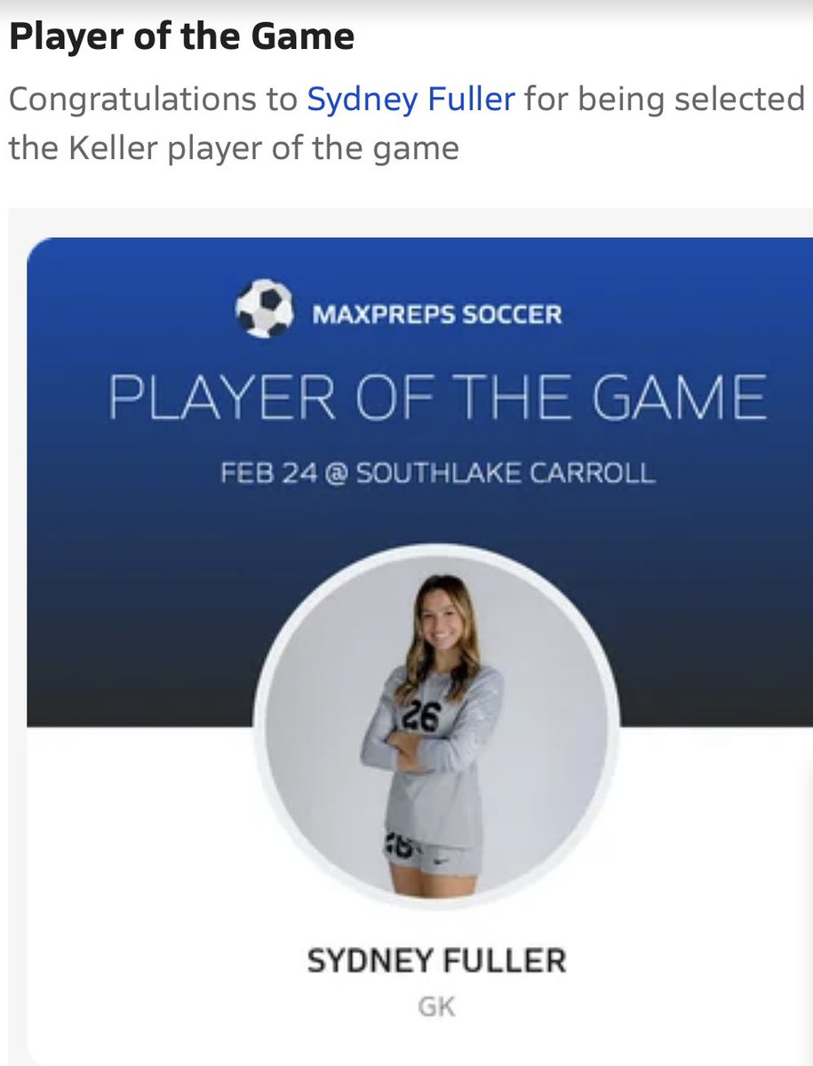 Congratulations to <a href="/_sydneyfuller/">sydney fuller</a> for her incredible performance tonight in goal! #potg <a href="/MaxPreps/">MaxPreps</a> <a href="/AggieSoccer/">Texas A&M Soccer</a>