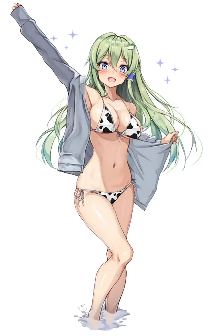 初めての水着デートでちょっぴりはしゃいでいる早苗さん 牛柄ビキニ差分 