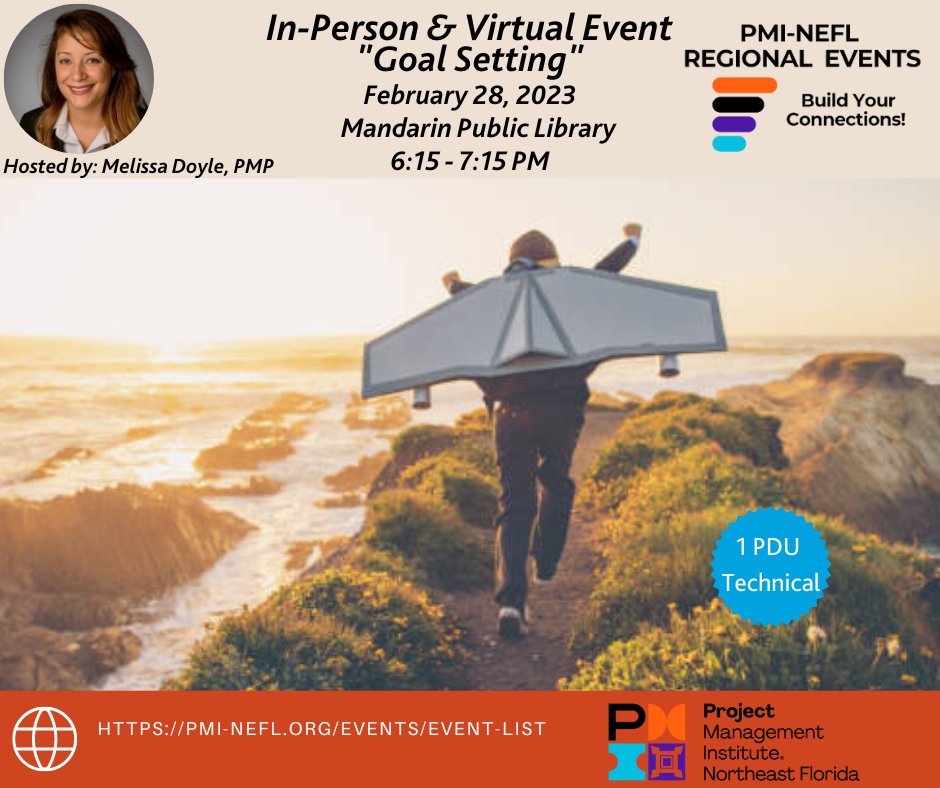 PMINEFL's tweet photo. Join us on February 28th either in person at the Mandarin Library or virtually via Zoom for our next networking event, “Goal Setting.” To register, click here: https://t.co/Yl8YkxON3m. Everyone is welcome; you do not have to be a chapter member to join. https://t.co/nJTqnB1zCd