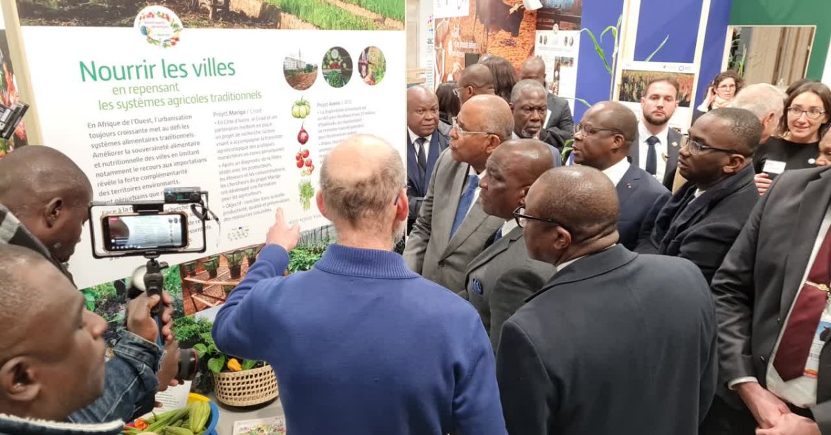 Cirad's tweet photo. #SIA2023 | Visite de Patrick Achi, Premier ministre de #CotedIvoire 🇨🇮 sur le stand du #Cirad et de l'@AFD_France au @Salondelagri.
L'occasion d'échanger sur les filières #lait et #élevage ainsi que #fruits et #légumes avec notamment l'exemple du projet 🇪🇺 DeSIRA #Marigo https://t.co/0R8XPOyzfI