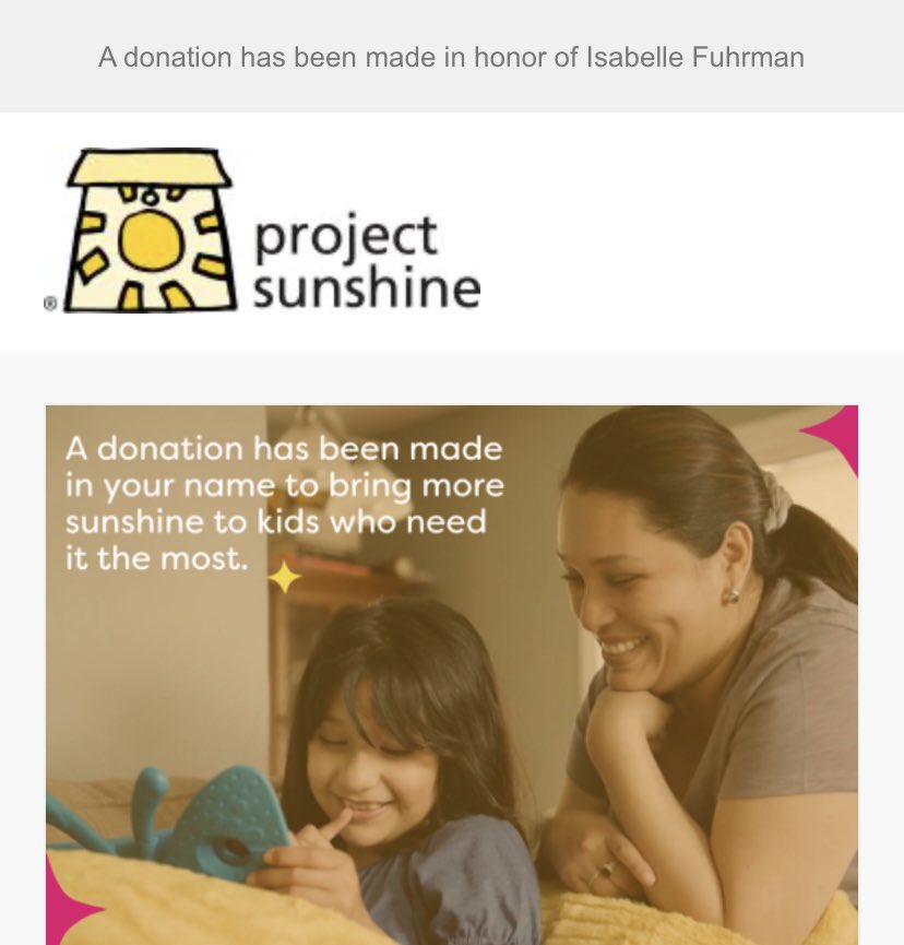 JackieDynamite's tweet photo. Isabelle, in honor of your birthday, I gave to Project Sunshine, a lovely charity you’ve supported before. Just as you bring light and love into so many lives, may this gift bring light and love into a sick child’s life. ❤️
#PSJoy #IsabelleFuhrman #HappyBirthdayIsabelleFuhrman https://t.co/jCUsbNvEa4