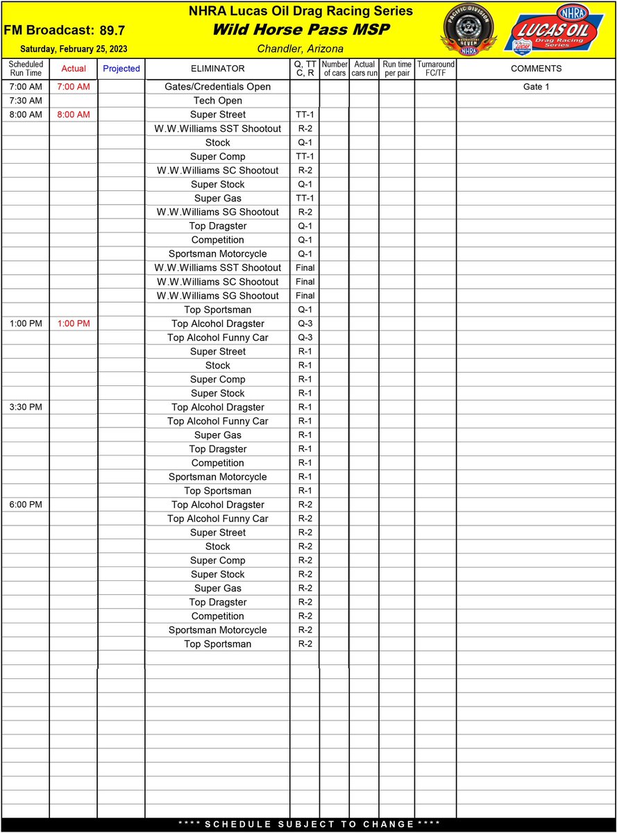 nhrad7's tweet photo. Today's Scheduled Run Order for February 25th, 2023 at Wild Horse Pass Motorsports Park to start race #2 of our Lucas Oil Drag Racing Series! https://t.co/Qd8WaxhPdI