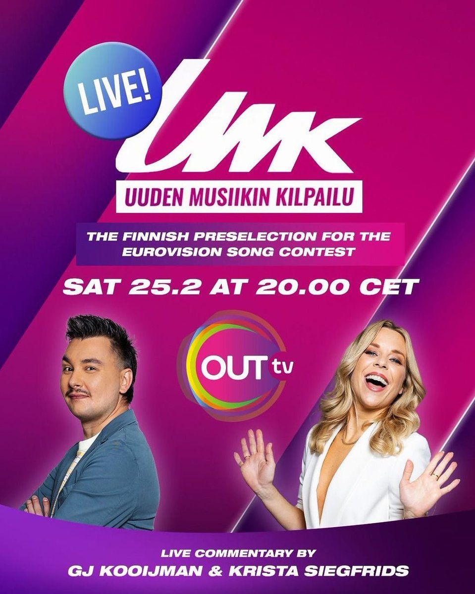 La gala se podrá seguir por televisión📺 en:

🔹<a href="/TENtv/">TEN TV</a> 🇪🇸: Comentarios de <a href="/luismesacabello/">Luis Mesa ۞</a> y <a href="/alcarriavision/">Isaac Urrea Esteban</a> 

🔹<a href="/OUTTV_eu/">OUTtv Europe</a> 🇳🇱: Comentarios de <a href="/KristaSiegfrids/">Krista Siegfrids</a> y GJ Kooijman
📸 Tentv,Yle, OutTv/propio 
#UMK2023 #EuroTEN #eurovision2023