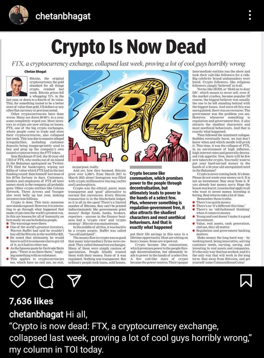 TechTicTok1's tweet photo. #DocumentingCrypto
Short time success and name and they feel Godlike π€«
This shithead wants to talk about everything π
Anyways you are proven wrong again π
You better just invest in #Adani #Stocks
#Bitcoin #Crypto #ChetanBhagat #TOI #theKryptoPro https://t.co/L6mrvl30ft