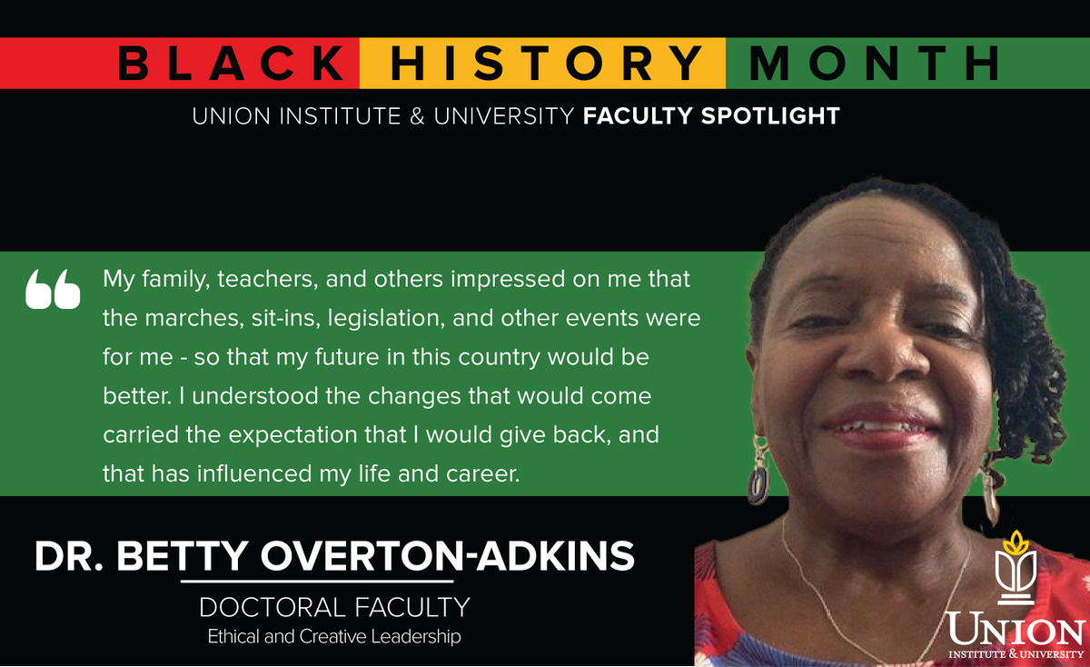 myunionedu's tweet photo. Today's #BlackHistoryMonth faculty spotlight tells us about Dr. Betty Overton-Adkins. Dr. Overton-Adkins, a doctoral faculty member, is also on Union's Interdisciplinary Ph.D. Diversity Committee.
https://t.co/fYpeWitXjF
#MyUnion #UnionInstitute #UnionInstituteandUniversity #BHM https://t.co/iAbZQXKSKt