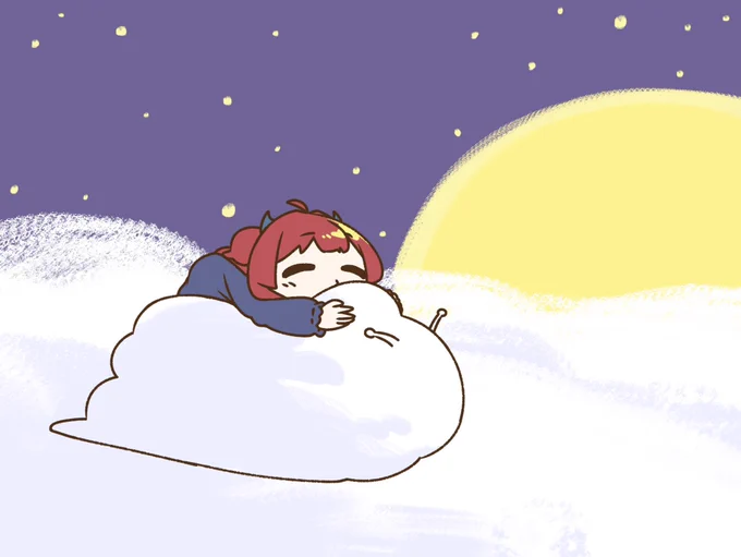 ロアちゃん雲なめくじの上でロアちゃん葉ぬ眠りながら移動できる手段があったらどんなのがいい?ふかふかの雲で寝ながらお家まで帰してくれるのとかあったら気持ちよく寝れてお家に着いた時には疲れとかとれてそうだよねロアちゃんに寝る前に飲む美味しいドリンクを今日のご飯カレー #ロアート 