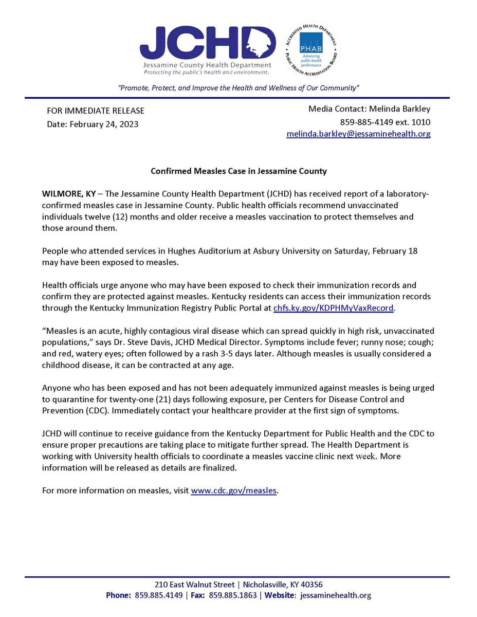 People who attended services at Asbury University on Sat., Feb. 18 may have been exposed to measles. 

KDPH is actively collaborating with Asbury University, Jessamine County Health Department and the CDC to investigate the case.

cdc.gov/measles