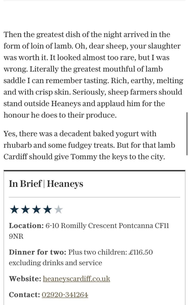 Wow…absolutely Blown away…well done to the team and thank you so much @WilliamSitwell 🙌🏽 @Telegraph @telegraphfood Pick up your copy today for the full review 🗞️ #heaneyscardiff #cardiff #foodreview #telegraphfood #cardifffood