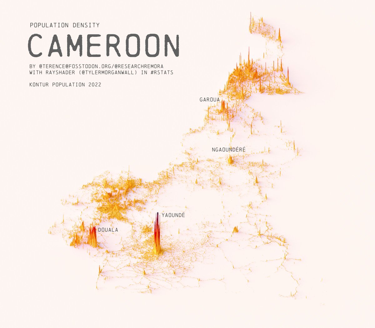 researchremora's tweet photo. Back to population density maps with one of Cameroon.

#rayshader adventures, an #rstats tale https://t.co/IjrI5ouV0S