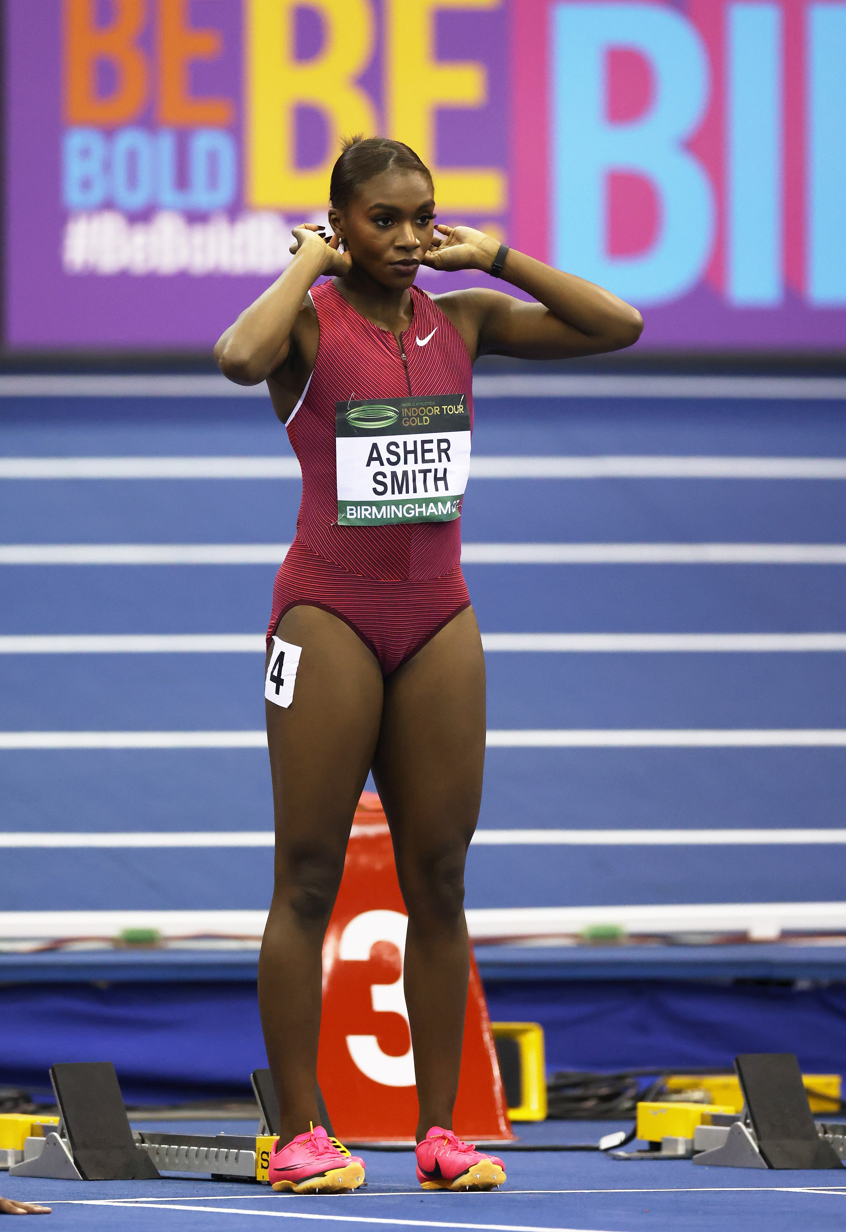 Dina Asher-Smith (GB) celebrates after running a Personal Best in the  women's 200m during the Sainsbury's Birmingham Grand Prix IAAF Diamond  League Meeting at Alexandra Stadium, Birmingham, West Midlands, England on  June