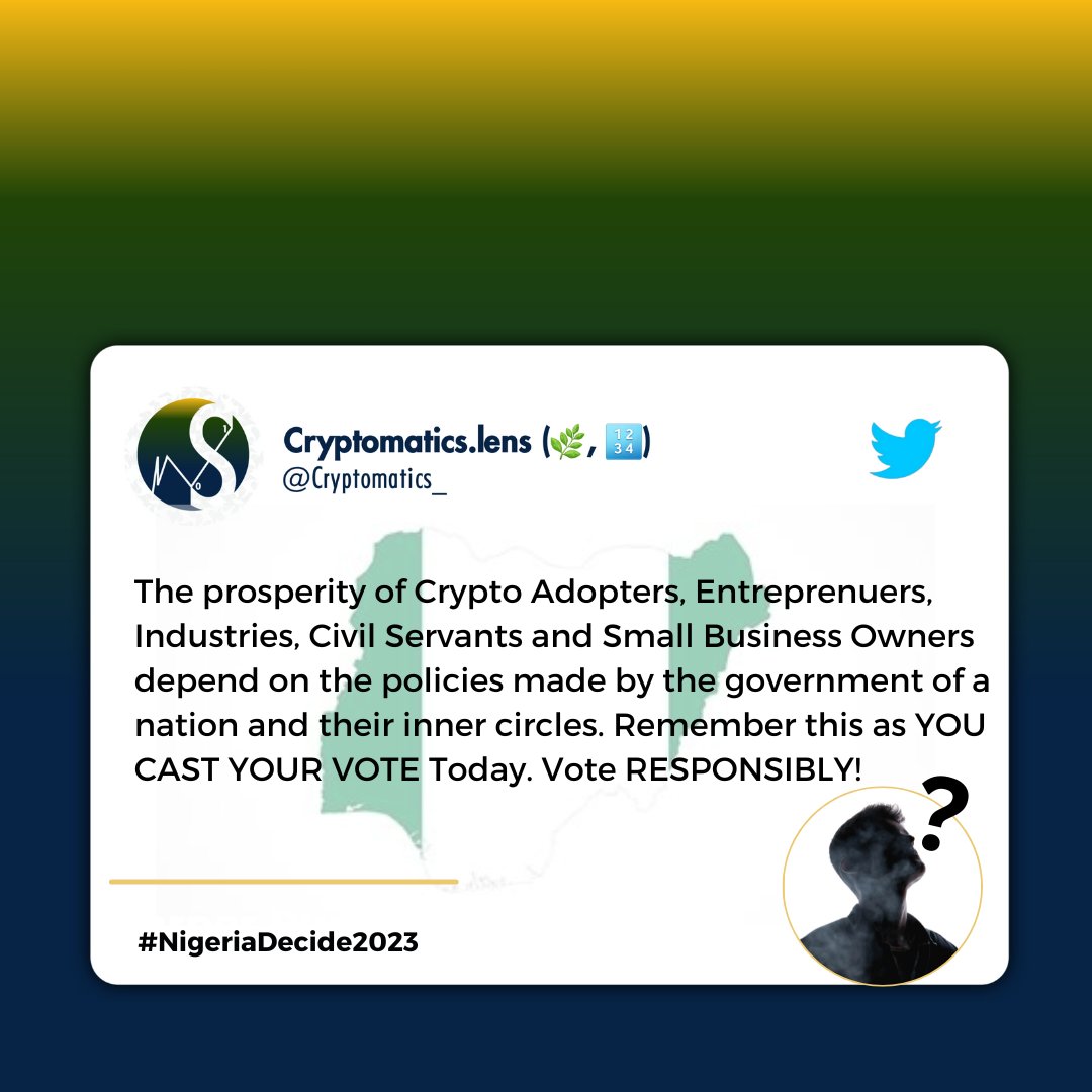 AkunwataThankG1's tweet image. Since wealth creation is NOT POssible without FREEdom from restrictions.

We thought it's important to remind YOU as you perform your CIVIC DUTY in the #Nigeriaele1ction2023 today.

#Retweeet to remind 1 Nigeria who is voting today.

#CrackTheCodes 
#Crypto #Bitcoin #blockchain