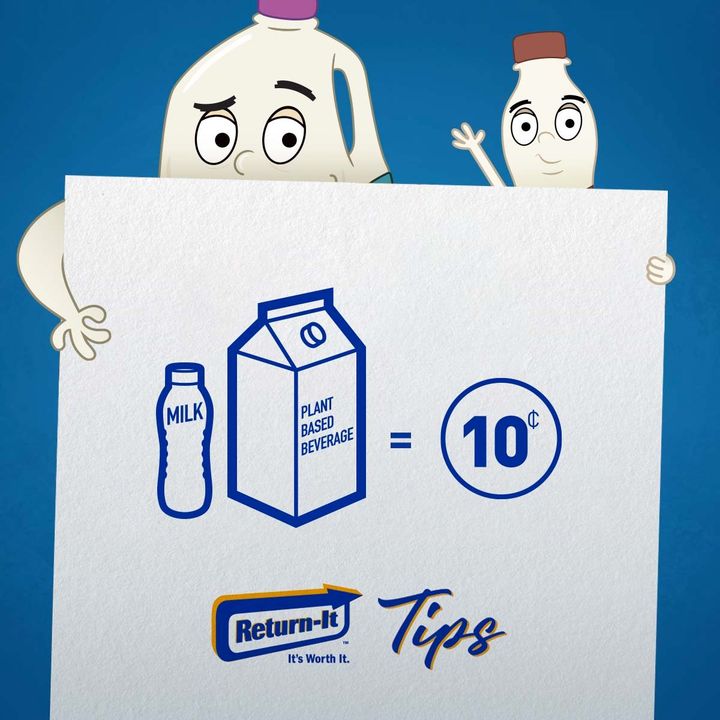 returnitgang's tweet photo. Big or small, all milk and plant-based beverage containers are part of the deposit system. Recycle them at Return-It to get a 10-cent refund. https://t.co/fkU9uh8Nq4