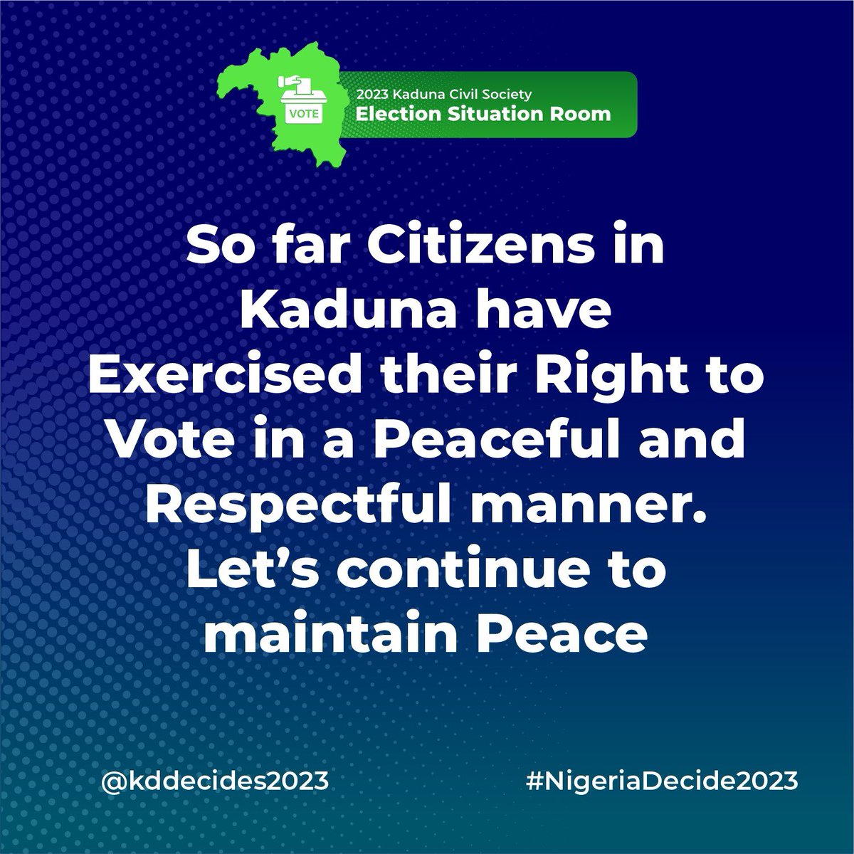 kddecides2023's tweet photo. Kaduna is blazing the trail in deciding peacefully. Let’s keep it up.
#KdDecides2023 https://t.co/uD0LY0e8RE