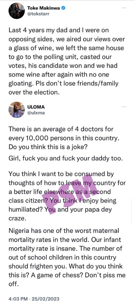 Postsubman's tweet photo. - Uloma stands on her ten toe to slams Media Personality - Toke Makinwa over her Daddy and daughter’s tweet. https://t.co/SIBK9Dr5q2