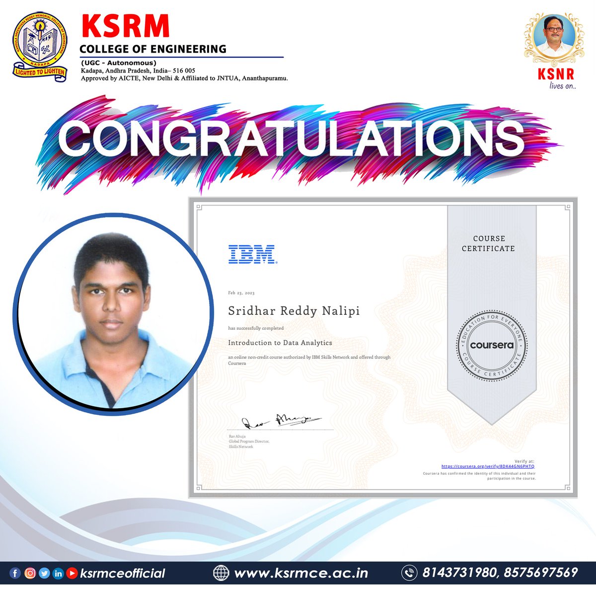 ksrmceofficial's tweet image. Congratulations 🎉

#ksrmaiml #ibm #ksrmibm #ksrm #ksrmce #kandulagroups  #engineering #kadapa #aicte #jntua #IntiativesofMHRD #ugc #iic