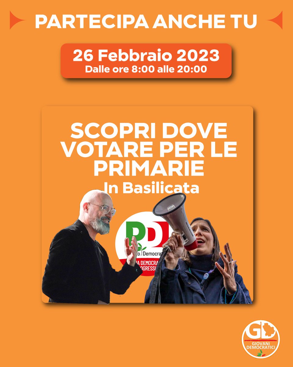BasilicataGD's tweet photo. Domani 26 febbraio appuntamento nei gazebo e nelle sedi di tutta la Basilicata per le #primariepd2023. Sarà l'occasione per scegliere la guida del @pdnetwork tra @sbonaccini e @ellyesse. 

Per scoprire dove votare: https://t.co/Z4OFBIiIlX

Facciamo la differenza, partecipiamo. https://t.co/2c5jikozpC