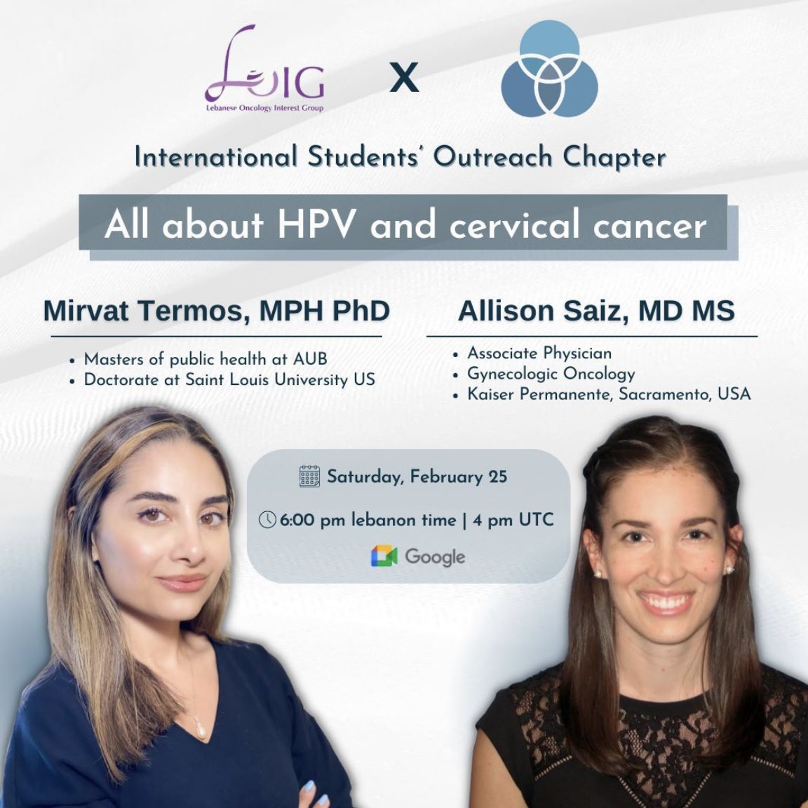 Ali Saiz, MD MS (@allisonsaizmd) on Twitter photo Glad to discuss #CervicalCancer and #HPV this morning (/evening in Lebanon) along with <a href="/mirvat_termos/">Mirvat Termos, MPH PhD</a>
Thanks to the Lebanese Oncology Interest Group and <a href="/CentralIjcr/">IJCR Central</a> for the invite to speak about this important topic! Glad to discuss #CervicalCancer and #HPV this morning (/evening in Lebanon) along with <a href="/mirvat_termos/">Mirvat Termos, MPH PhD</a>
Thanks to the Lebanese Oncology Interest Group and <a href="/CentralIjcr/">IJCR Central</a> for the invite to speak about this important topic!