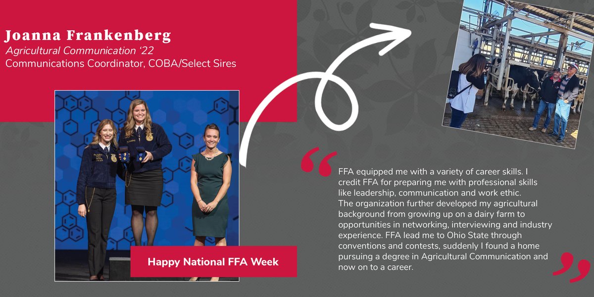 ACELatOSU's tweet photo. "FFA led me to Ohio State through conventions and contests. I found a home while pursuing a degree in agricultural communication and now on to a career," said Joanna Frankenberg '22. She is the communications coordinator with COBA/Select Sires.

#FFAWeek23 #ACELatOSU #ACELAlum https://t.co/s2HoyJNOoU
