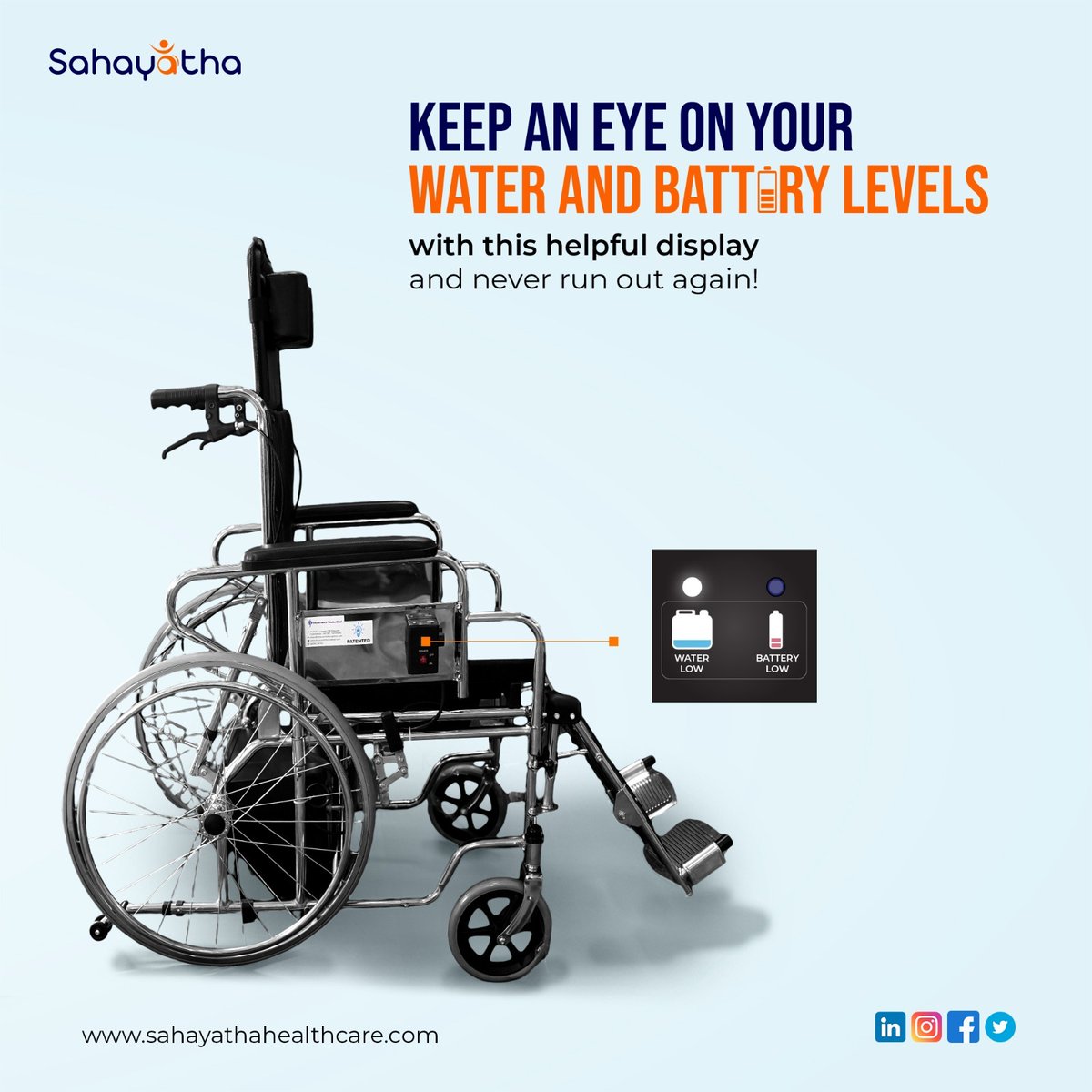 sahayathahealth's tweet photo. "Stay Prepared, Stay Ahead! Keep track of your water and battery levels with this smart display and never let your adventures come to a halt.
#product #wheelchairlife #automotivewheelsystem #postsurgery #surgery #oldagehomes #defecation #medicalwheelchair #sahayatha #wheelchair https://t.co/hySVFdR7z5