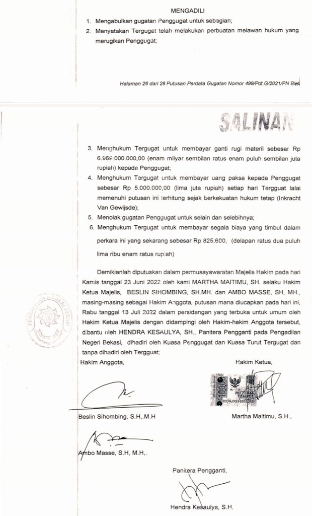 Lampiran keputusan pemenang sidang di PN Bekasi

#AdaApaDenganPNBekasi