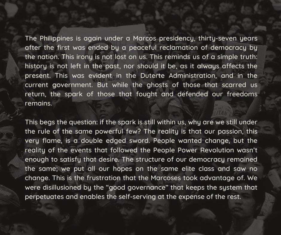 kapwa_katip's tweet photo. Thirty-seven years ago, the Philippines experienced the potential of collective power. Last year, another Marcos seized the presidency. How do we reconcile these two events? Read KAPWA’s analysis in the statement below. https://t.co/oU60SGxqZj
