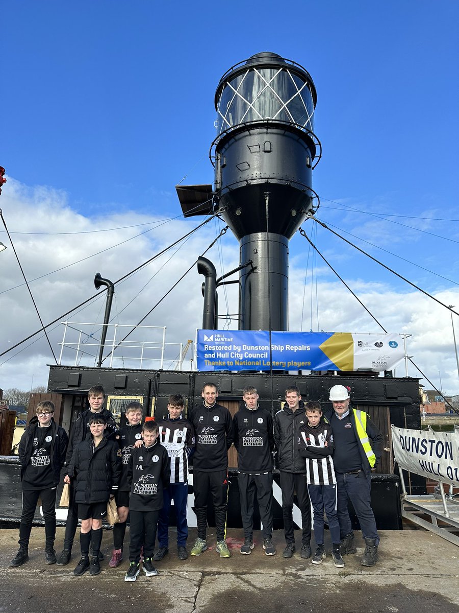 DunstonShipLtd's tweet photo. Lads from our Sponsored team @HessleSC u14s came for a preview of the Spurn Lightship today all loved the visit
@HullMaritime 
@HeritageFundNOR https://t.co/mcSF6aQAAK