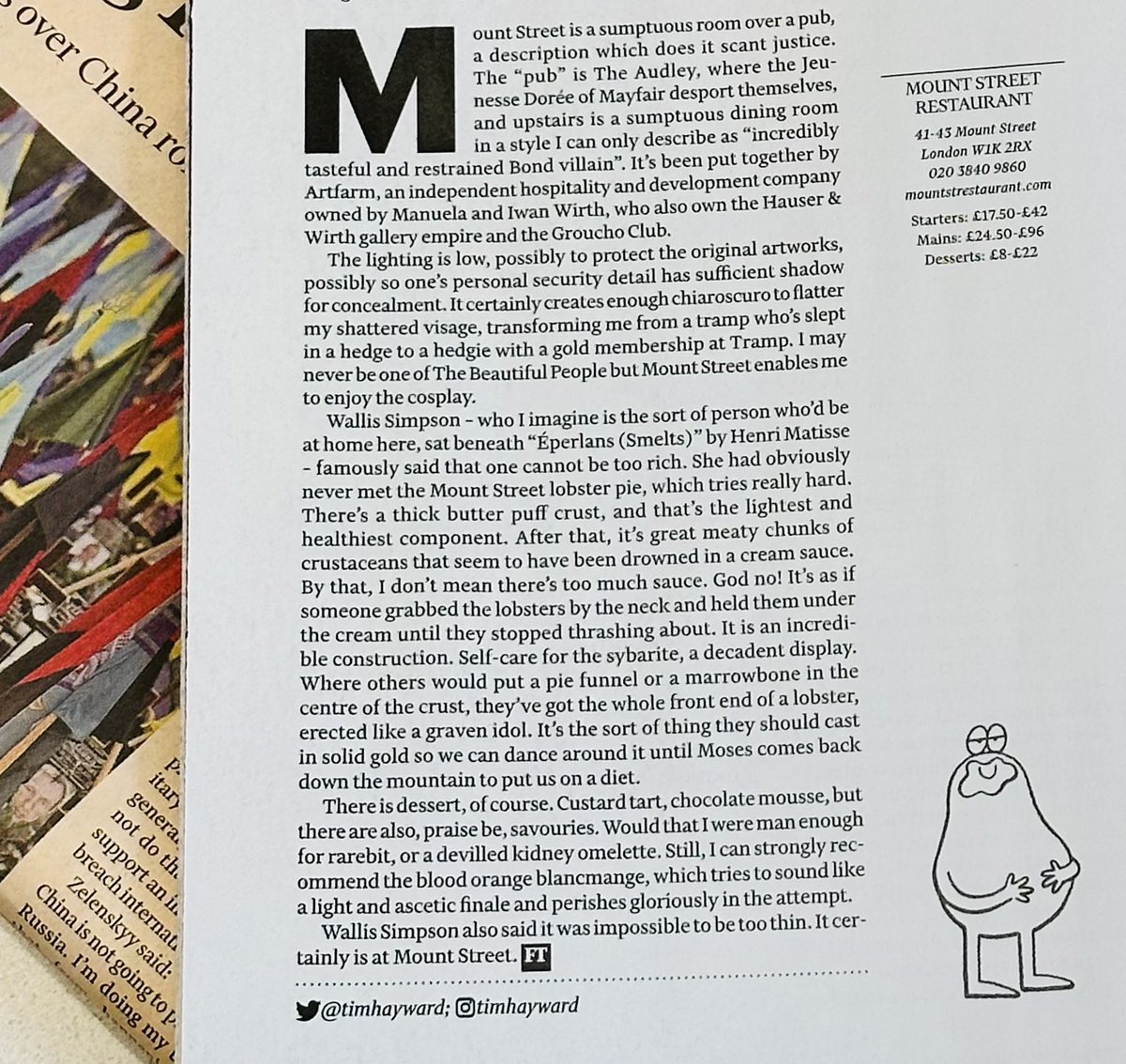 ewanventers's tweet photo. A brilliantly written and very entertaining read in today’s @FTMag Thank you @timhayward & congratulations to the whole team @mountstrest 👏👏#appetites #mountstreetrestaurant #ftweekendmagazine #restaurantreview #timhayward https://t.co/F3SgTXJY5k