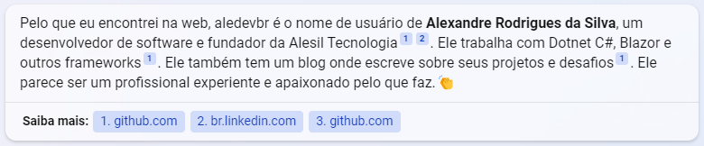 aledevbr's tweet photo. O que a IA do Bing/Microsoft sabe sobre mim... rsrsrsrs.... https://t.co/SuorzvKAK5