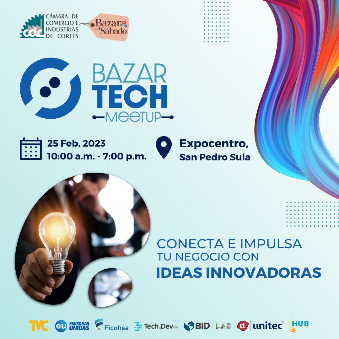 CCICHN's tweet photo. Hoy en #Expocentro #SPS se desarrollará la primera edición del #BazarTech 

Emprendedores digitales estarán exponiendo las soluciones 💡 que han creado para diferentes sectores ⚡️💻⚡️ 

⏰ 10:00 am a 7:00 pm 
🚘 Entrada y parqueo gratis https://t.co/anryeZtjCE