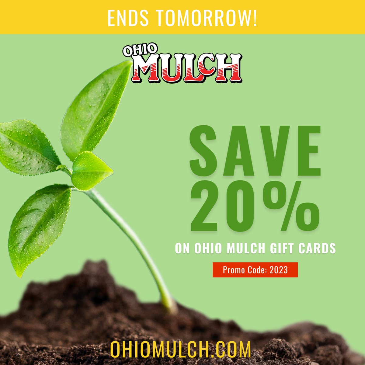 OhioMulch's tweet image. Our BIGGEST sale of the year is coming to an end!
Plan now for spring and SAVE 20% on Ohio Mulch gift cards with promo code: 2023
Shop now: loom.ly/q4NiQKs