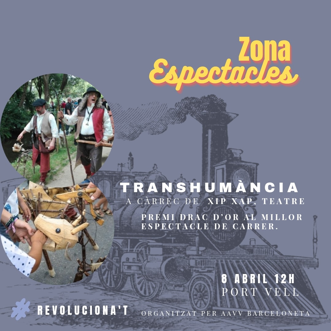 Revolucionat23's tweet image. 🚂 Espectacle de transhumància 

A càrrec de @xipxapteatre 

🗓️ : Dissabte 8 d&apos;abril
⌚ : 12h 
📍 : Port Vell

✔️ Activitat gratuïta 

#AAVVBarceloneta #revolucionatbarceloneta
#Revolucionat #labarceloneta #activitatgratuïta #gratis #free #totelspublics  #transhumancia