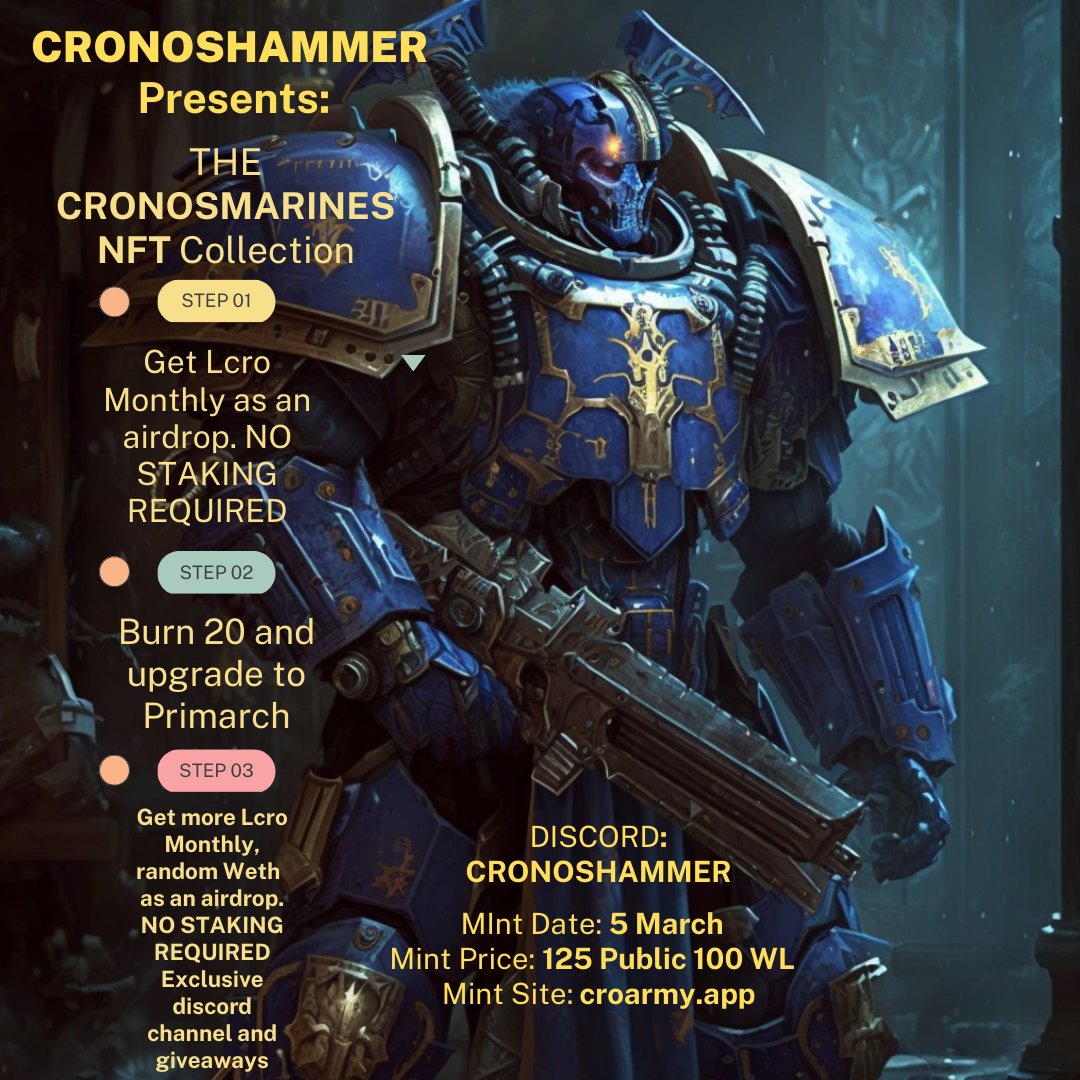 Welcome to Cronos Marines, a cutting-edge NFT project that lets you own a piece of the future! 

🏆 Get Montly Lcro airdrops &amp; more! 🚀

WL: Cro army OG,Soldiers/CroTron
<a href="/CroArmy_eth/">CroArmy | NFT Collection | $ARMY Token</a> <a href="/CroTronPanthers/">CroTron's Panthers | Minted out in 80minutes</a> @kings_kuan