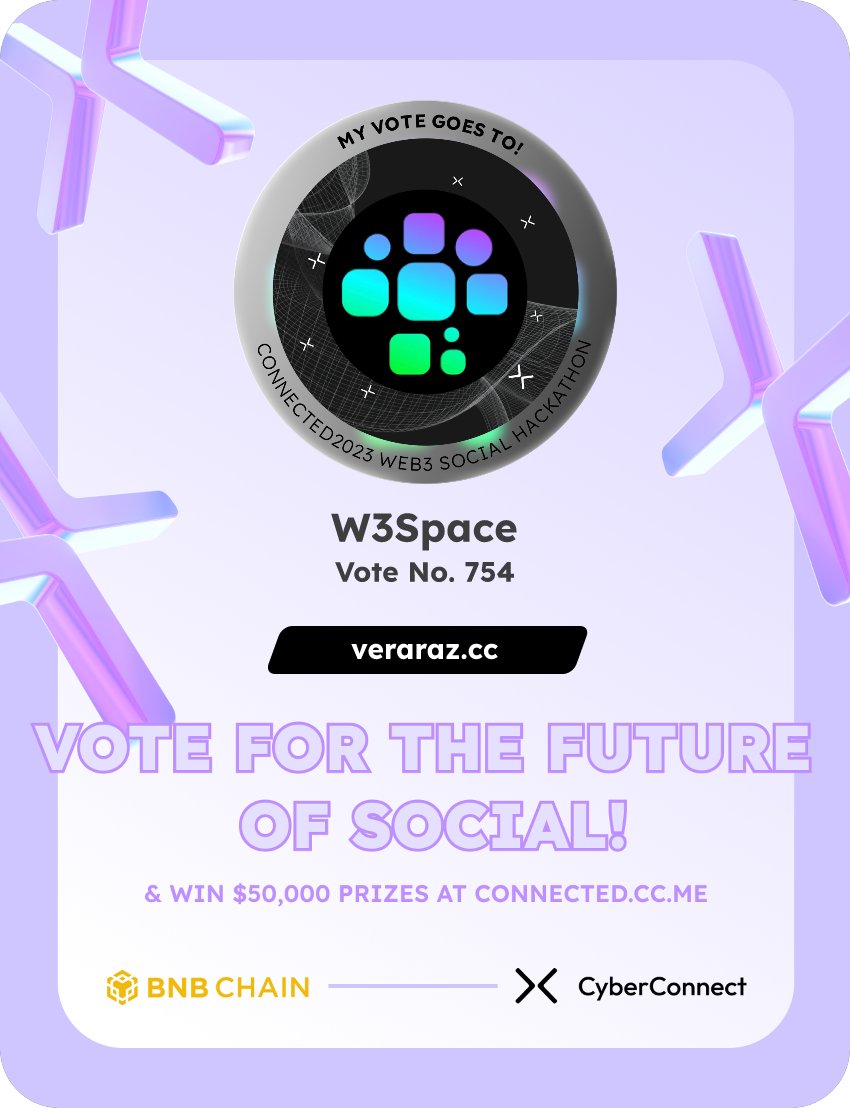 vera07023781's tweet photo. Just voted for my favorite project W3Space in #Connected2023, a Web3 Social hackathon by @CyberConnectHQ the social graph protocol &amp; @BNBCHAIN
Join me to vote for a better social and win $50,000-$100,000 prizes!
https://t.co/ftePU7FMhf
sig:wTs0lx 
  https://t.co/tVUVWJIUPm https://t.co/p4taUt6it0