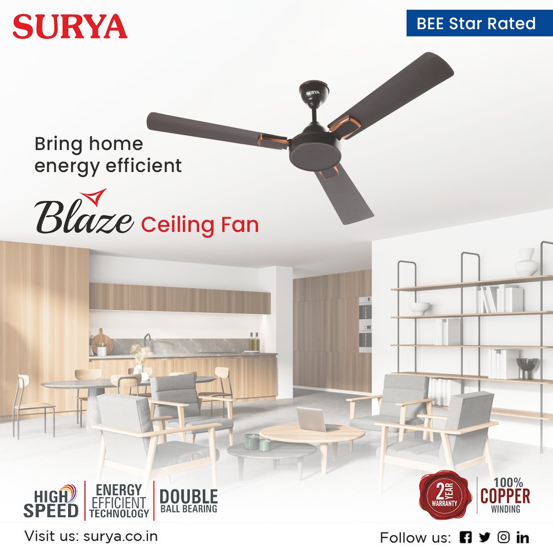 surya_roshni's tweet photo. Surya BEE Star Rated Blaze ceiling fan comes with 100% copper winding and 2 years warranty
Visit us at- https://t.co/NtMAl0lA9W
#fans #surya #suryaroshni #suryaappliances #suryafans #ceilingfans #interiordesign #ceilingfan #suryablaze #designerfans #premiumfans #BEEstarrated https://t.co/zBgpo9gJOs