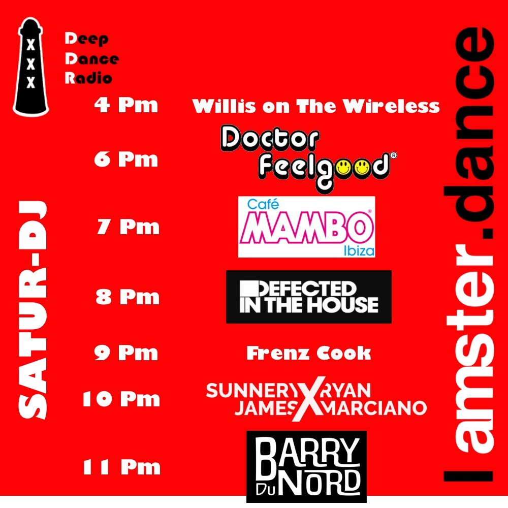 Get ready  for SATUR DJ with this Saturday:

4 Pm Willis on the Wireless  @willisonthewireless 
6 Pm DJ Doctor Feelgood @dj_doctor_feelgood 
7 Pm Mambo Radio 
8 Pm #defectedradio Defected Records
9 Pm <a href="/Frenz/">Francesco Lietti</a> Cook <a href="/frenzcook/">Frenz Cook</a> 
10 Pm Sunnery James &amp; Ryan Marciano @sunneryjamesr…