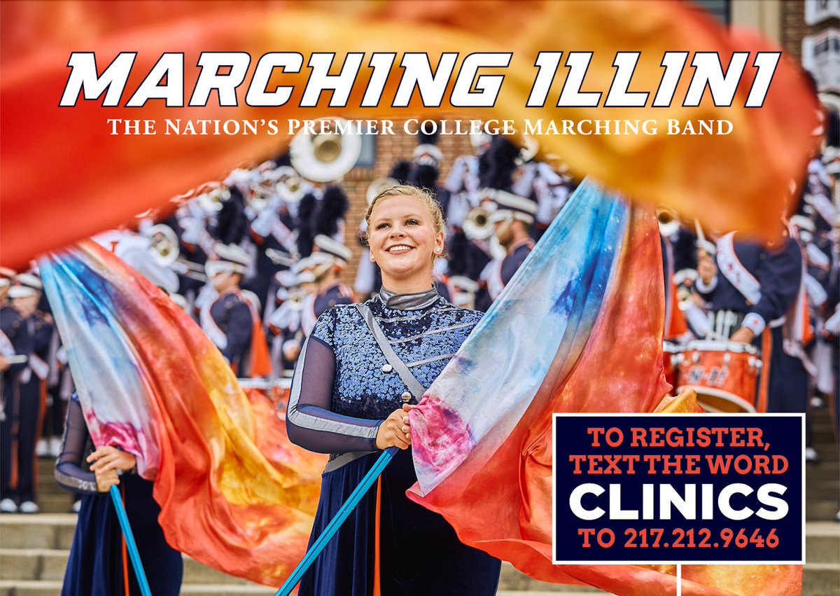 MarchingIllini's tweet photo. We invite interested 9th-12th graders, college transfers, or current ILLINOIS students to our FREE drumline, guard, Illinettes clinics February 25, 11am-3pm

To register, text the word CLINICS to 217.212.9646

This is YOUR chance to JOIN The Best Band in the Land!
#band155 https://t.co/jyVX9DqUju