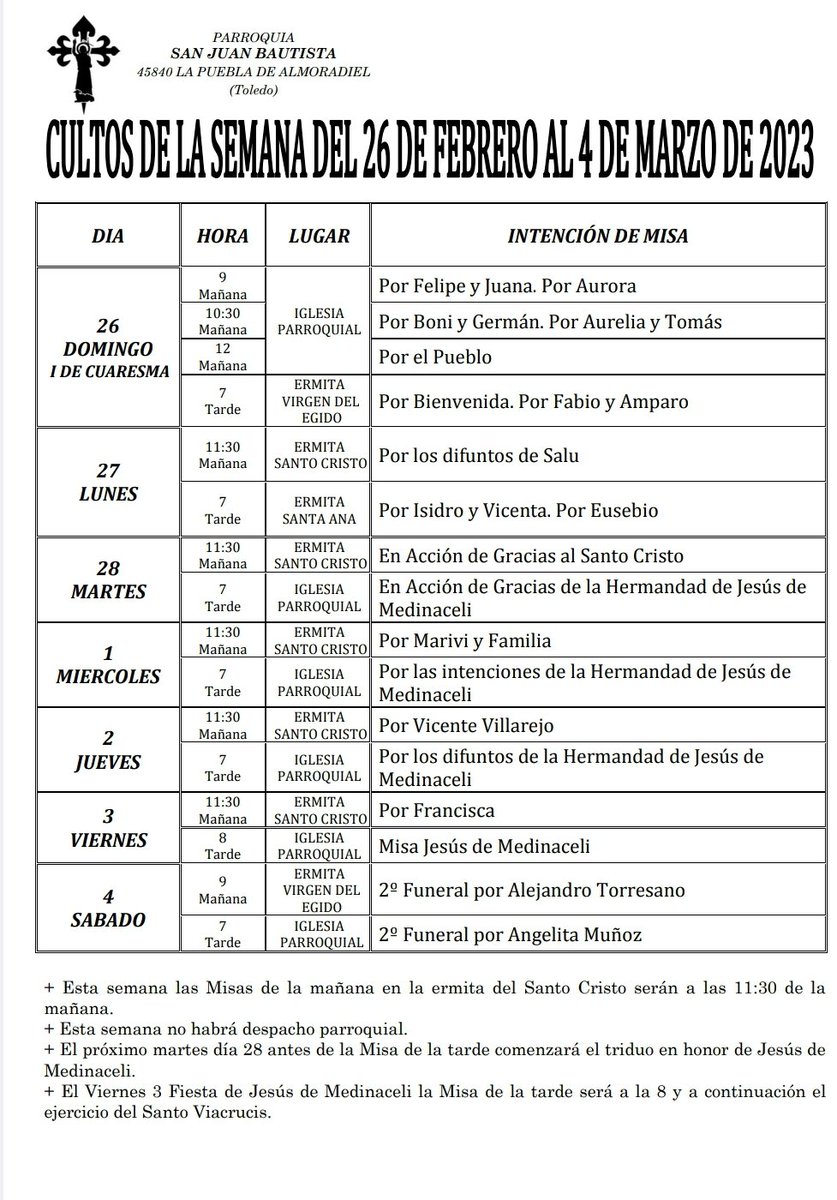 Cultos de la Primera semana de Cuaresma.