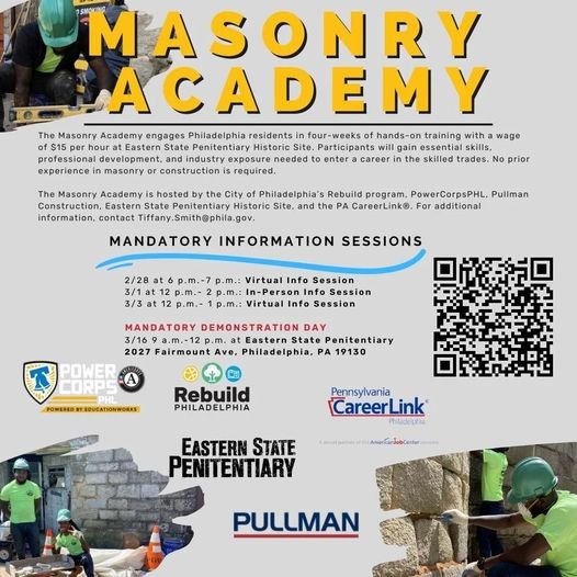 CouncilmemberKJ's tweet photo. The Masonry Academy engages Philadelphia residents in four weeks of hands-on training with a wage of $15 per hour at @easternstate. No experience in masonry or construction is required. 
Sign up for an info session today by scanning the QR code below or texting (215) 292-0282. https://t.co/Ftg5Ta9wOG
