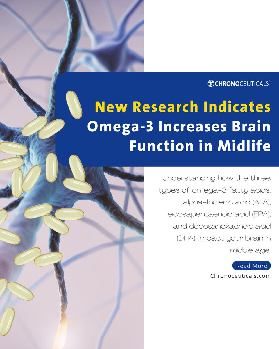 Research is clear regarding how your intake of #omega3 may actually increase your brains function and #neurological #health in midlife.

Click to find the benefits of #fattyacids and how to increase your intake as you age to reap all the benefits.

chronoceuticals.com/new-research-i…