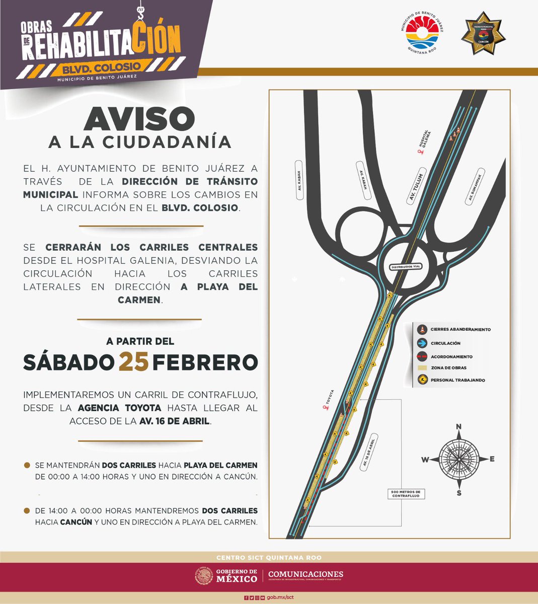 Obras de rehabilitación del Boulevard Colosio.🚧

A través de la Dirección de Tránsito de Cancún  informamos el ordenamiento vial que se realiza en el 📍Boulevard Colosio a la altura del Hospital Galenia.

Toma tus precauciones y recuerda usar las vías alternas.⚠️

#CancúnNosUne