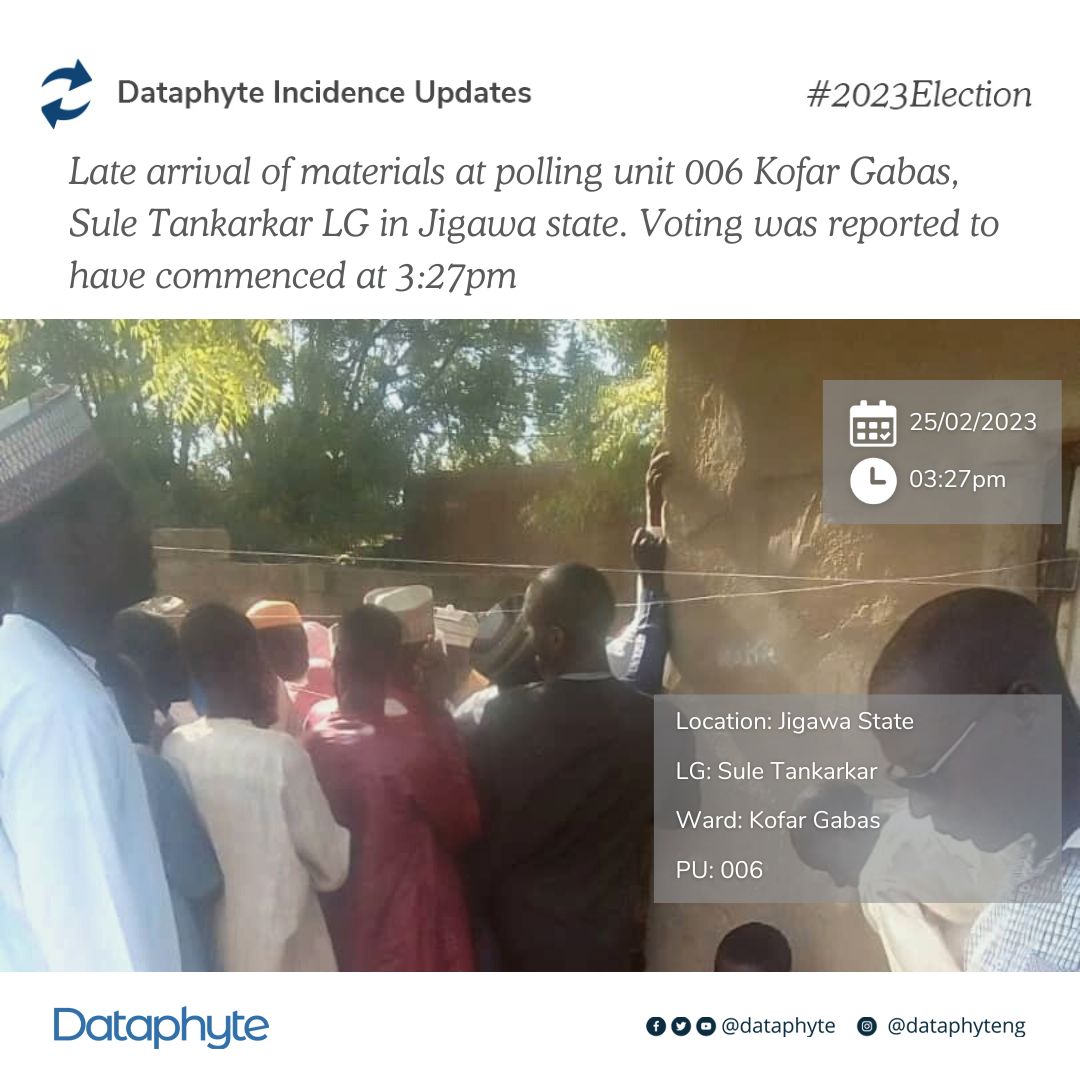 Dataphyte's tweet photo. Incidence update from Sule Tankarkar in Jigawa state.
Visit https://t.co/YZHXY3p5KO for more.
#2023Elections #NigeriaElections2023 #DataphyteElectionsPlatform https://t.co/AaFXrAYzU2
