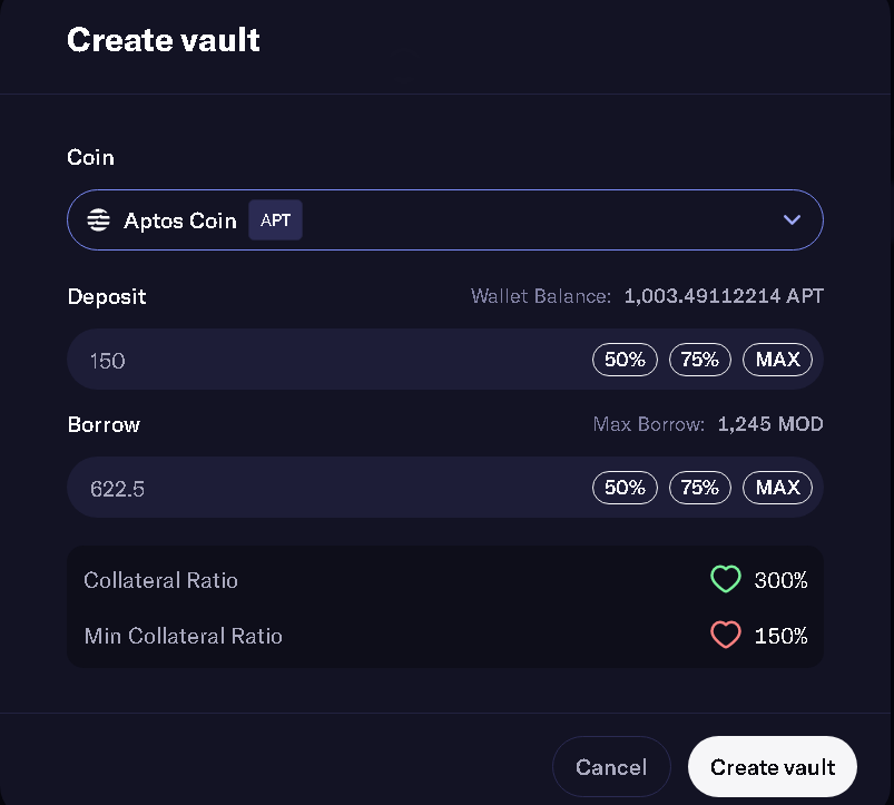 crypto_cipher01's tweet photo. 2/4 
4. Go to tab - vaults and create vault. Make a deposit of $APT tokens and take $MOD tokens (as I understand Move One Dollar🙃). Repeat the same steps with other test tokens that we requested in the faucet. 
5. Go to the stability pool tab and make a deposit of #MOD tokens. https://t.co/Pz7d5R578A
