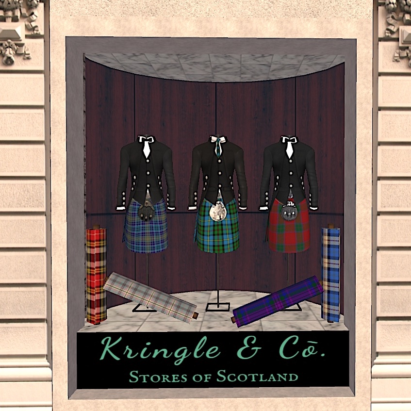 KringleCo's tweet photo. Our new display windows on High Street in Dornoch showcase our updated line of #KringleKilts and outfits. Tartan patters from major family lines are available in store and if we don't have it, we'll find it. Visit us in #SecondLife at #KringleCo SLURL https://t.co/P6ECKZxeY6 https://t.co/3yPGYctsnI