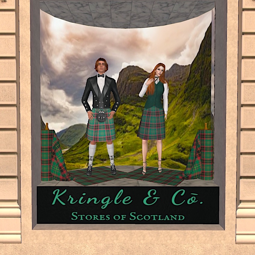 KringleCo's tweet photo. Our new display windows on High Street in Dornoch showcase our updated line of #KringleKilts and outfits. Tartan patters from major family lines are available in store and if we don't have it, we'll find it. Visit us in #SecondLife at #KringleCo SLURL https://t.co/P6ECKZxeY6 https://t.co/3yPGYctsnI