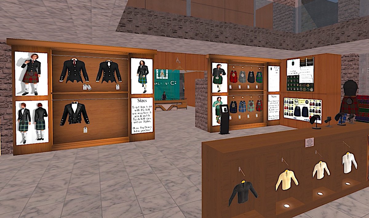KringleCo's tweet photo. Our new display windows on High Street in Dornoch showcase our updated line of #KringleKilts and outfits. Tartan patters from major family lines are available in store and if we don't have it, we'll find it. Visit us in #SecondLife at #KringleCo SLURL https://t.co/P6ECKZxeY6 https://t.co/3yPGYctsnI